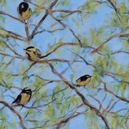 Great Yellow Tits on Branch Water Color free seamless pattern